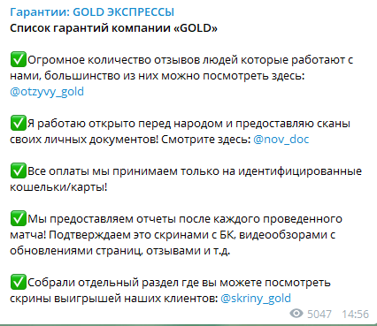 Какие гарантии дает Александр Новиков на канале Gold Экспрессы в Телеграмме?