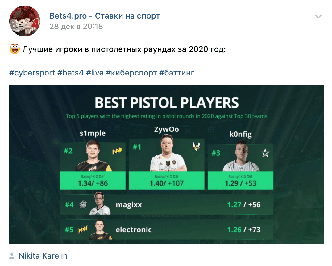Пост в группе ВК Bets4pro (Бетс4про)