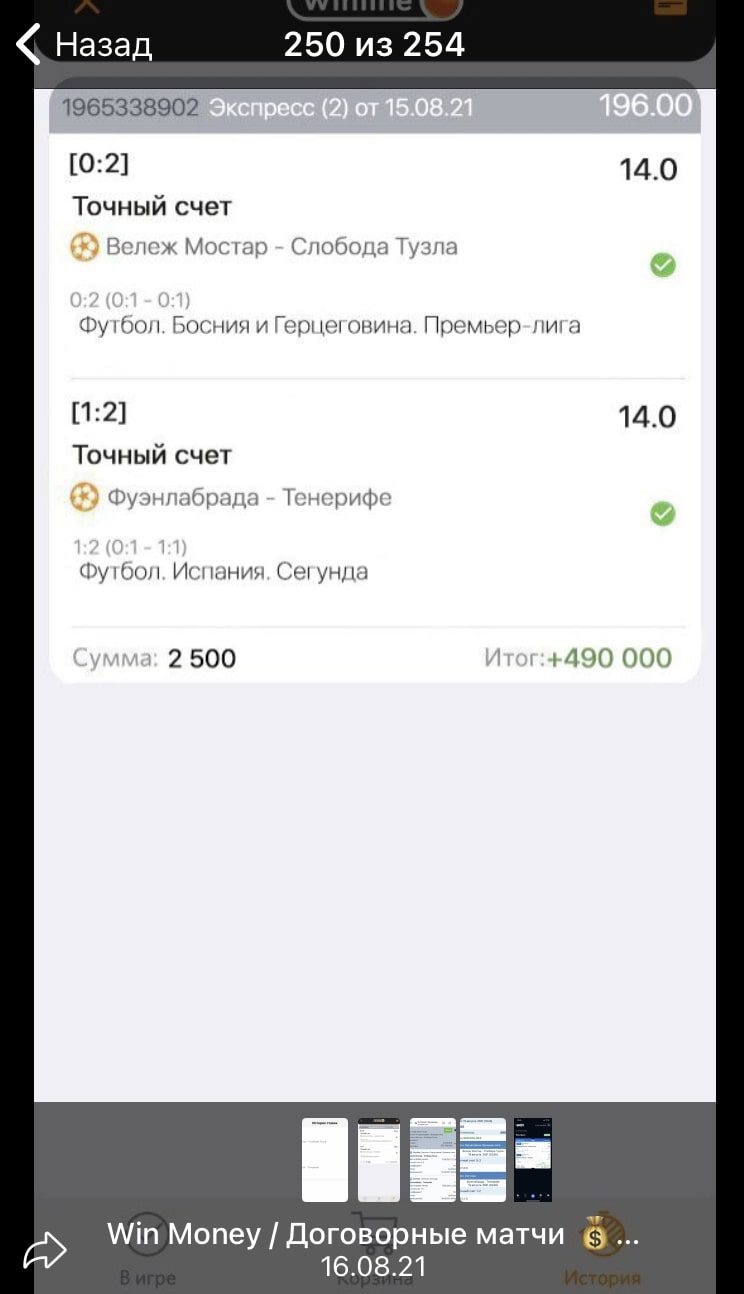 Точный счет в ленте Телеграм Win Money Договорные матчи